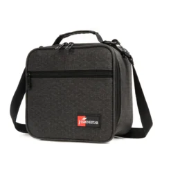 Angled view of a gray geometric lunch bag showing its extended adjustable shoulder strap. Long strap shoulder cooler by a leading Backpack Supplier.