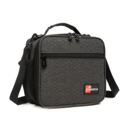 3D angled view of a dark grey geometric ripstop lunch bag showing the black piping and front pocket. Versatile daily cooler by a leading Backpack Supplier.
