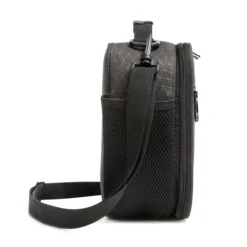 Side view of a gray lunch bag showing a large black mesh water bottle pocket and a strap swivel clip. Functional travel cooler by a Backpack Manufacturer.