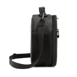Side view of a dark grey ripstop lunch bag showing a large black mesh water bottle pocket and a sturdy strap swivel clip. Functional daily cooler by a Backpack Manufacturer.