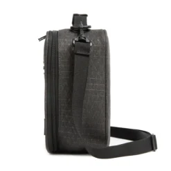 Side profile of a gray geometric lunch bag showing its depth and structural piping. High-density fabric bag by a Backpack OEM Supplier.