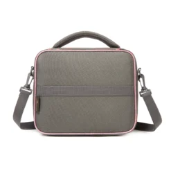 Back view of a dark gray lunch bag with rose gold glitter hearts and a horizontal strap detail. Custom luxury insulated lunch bag by a professional Backpack Manufacturer.