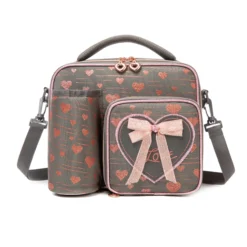 Front view of a dark gray lunch bag with rose gold glitter hearts, a 3D bow patch, heart zippers, and an attached bottle holder. Versatile insulated lunch box by a Custom Backpack Manufacturer.