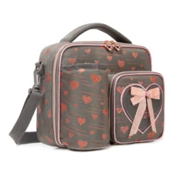 3D angled view of a dark gray glitter heart lunch bag highlighting the attached bottle sleeve, rose gold zippers, and the side strap attachment. Versatile daily cooler by a leading Backpack Supplier.