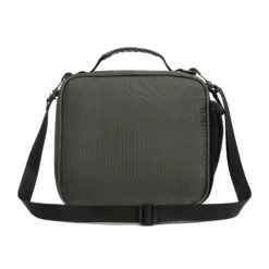 Back view of a charcoal grey textured lunch bag with a black adjustable shoulder strap. Custom insulated lunch bag by a professional Backpack Manufacturer.