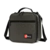 Slanted view of a charcoal grey textured lunch bag with a front zipper pocket and a red logo patch. Functional commuter cooler by a Backpack Supplier.