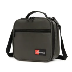 Slanted view of a charcoal grey textured lunch bag with a front zipper pocket and a red logo patch. Functional commuter cooler by a Backpack Supplier.