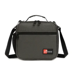 Front view of a charcoal grey lunch bag with a large front pocket and dual zipper pulls. Versatile insulated lunch box by a Custom Backpack Manufacturer.