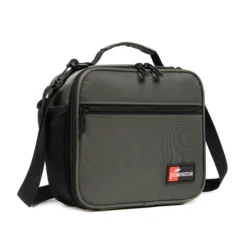 3D angled view of a charcoal grey textured lunch bag showing the black piping and front pocket. Versatile daily cooler by a leading Backpack Supplier.