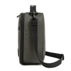 Side view of a charcoal grey lunch bag showing a large black mesh water bottle pocket and a sturdy strap swivel clip. Functional daily cooler by a Backpack Manufacturer.