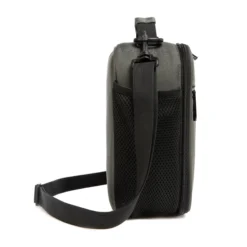 Side profile of a charcoal grey lunch bag showing its depth and adjustable black shoulder strap. High-density fabric bag by a Backpack OEM Supplier.