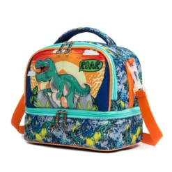 3D angled view of a blue dinosaur double-decker lunch bag highlighting the T-Rex graphic, zippers, and orange side webbing strap attachment. Versatile daily cooler by a leading Backpack Supplier.