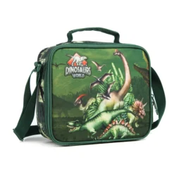 Green dinosaur world lunch bag with an adjustable shoulder strap. Custom kids' lunch bag manufactured by a professional Backpack Manufacturer.