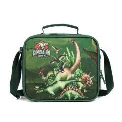 Front view of a green dinosaur lunch bag with a large prehistoric graphic and logo. Quality school lunch box by a Backpack Supplier.