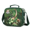 Dinosaur lunch bag angled view showing zipper and shoulder strap details. Insulated lunch box by a Custom Backpack Manufacturer.