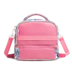 Back view of a bright pink unicorn-themed double-decker lunch bag with a solid pink back, a webbing strap, and an adjustable pink shoulder strap. Custom insulated lunch bag by a professional Backpack Manufacturer.