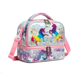 Slanted view of a pink unicorn lunch bag featuring a clear liquid-filled front panel with floating glitter and unicorn silhouettes. Interactive luxury cooler by a Backpack Supplier.