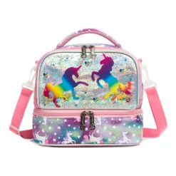 Front view of a pink unicorn double-layer lunch bag featuring a clear liquid glitter window on the top and a separate bottom zipper section. Versatile insulated lunch box by a Custom Backpack Manufacturer.