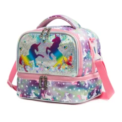 3D angled view of a pink unicorn double-decker lunch bag highlighting the liquid window, zippers, and side webbing strap attachment. Versatile daily cooler by a leading Backpack Supplier.