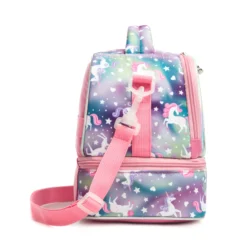 Side profile of a pink unicorn double-decker lunch bag showing its structural depth, vibrant starry pattern, and an adjustable strap. High-density fabric bag by a Backpack OEM Supplier.