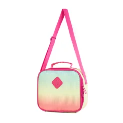 Pastel gradient lunch bag with an adjustable pink shoulder strap. Functional school bag design by a Backpack OEM Manufacturer.