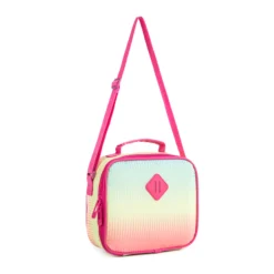 Side view of a gradient rainbow lunch bag with a long pink strap. Durable school supply by a Backpack Supplier.
