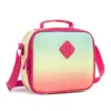 Angled close-up of a gradient lunch bag showing pink piping and zipper. High-quality craftsmanship by a Backpack Manufacturer.