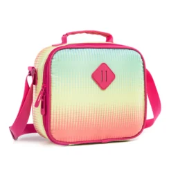 Angled close-up of a gradient lunch bag showing pink piping and zipper. High-quality craftsmanship by a Backpack Manufacturer.