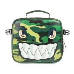 Front view of a matching cool monster-themed lunch bag featuring a fierce monster face with big teeth. Matching insulated lunch box by a Backpack Supplier.