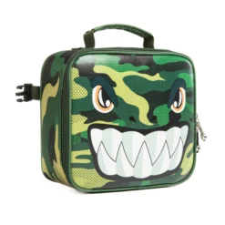 Slanted view of a matching cool monster lunch bag showing the green zipper, side buckle, and camouflage pattern. Versatile kids' cooler by a leading Backpack Supplier.