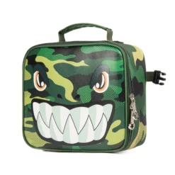 Side profile of a cool monster lunch bag showing its depth, green zipper, and side buckle. High-density fabric bag by a Backpack OEM Supplier.