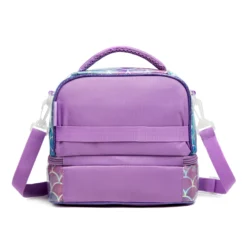 Back view of a pastel purple mermaid-themed double-decker lunch bag with a solid purple back, a webbing strap, and an adjustable purple shoulder strap. Custom insulated lunch bag by a professional Backpack Manufacturer.