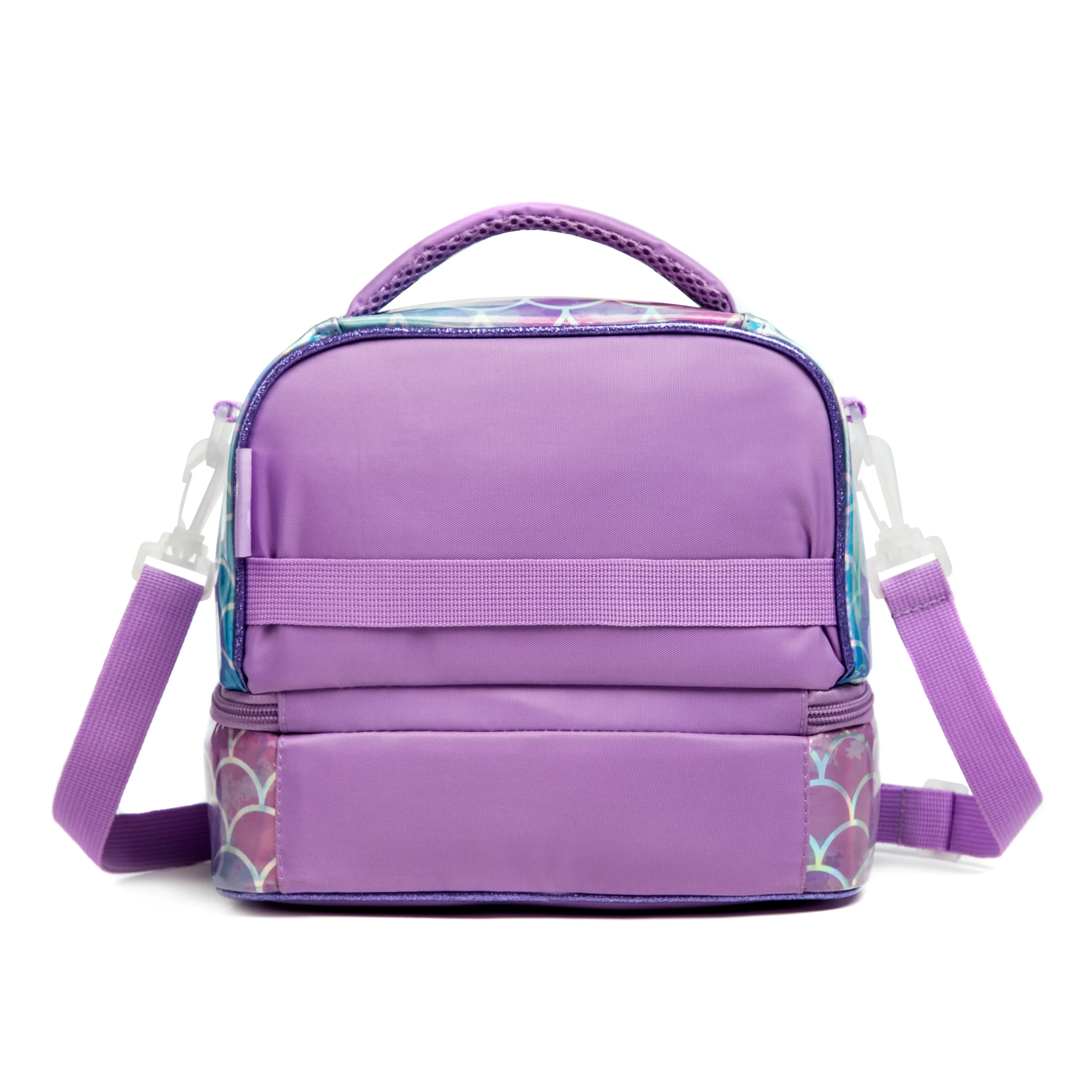 Back view of a pastel purple mermaid-themed double-decker lunch bag with a solid purple back, a webbing strap, and an adjustable purple shoulder strap. Custom insulated lunch bag by a professional Backpack Manufacturer.