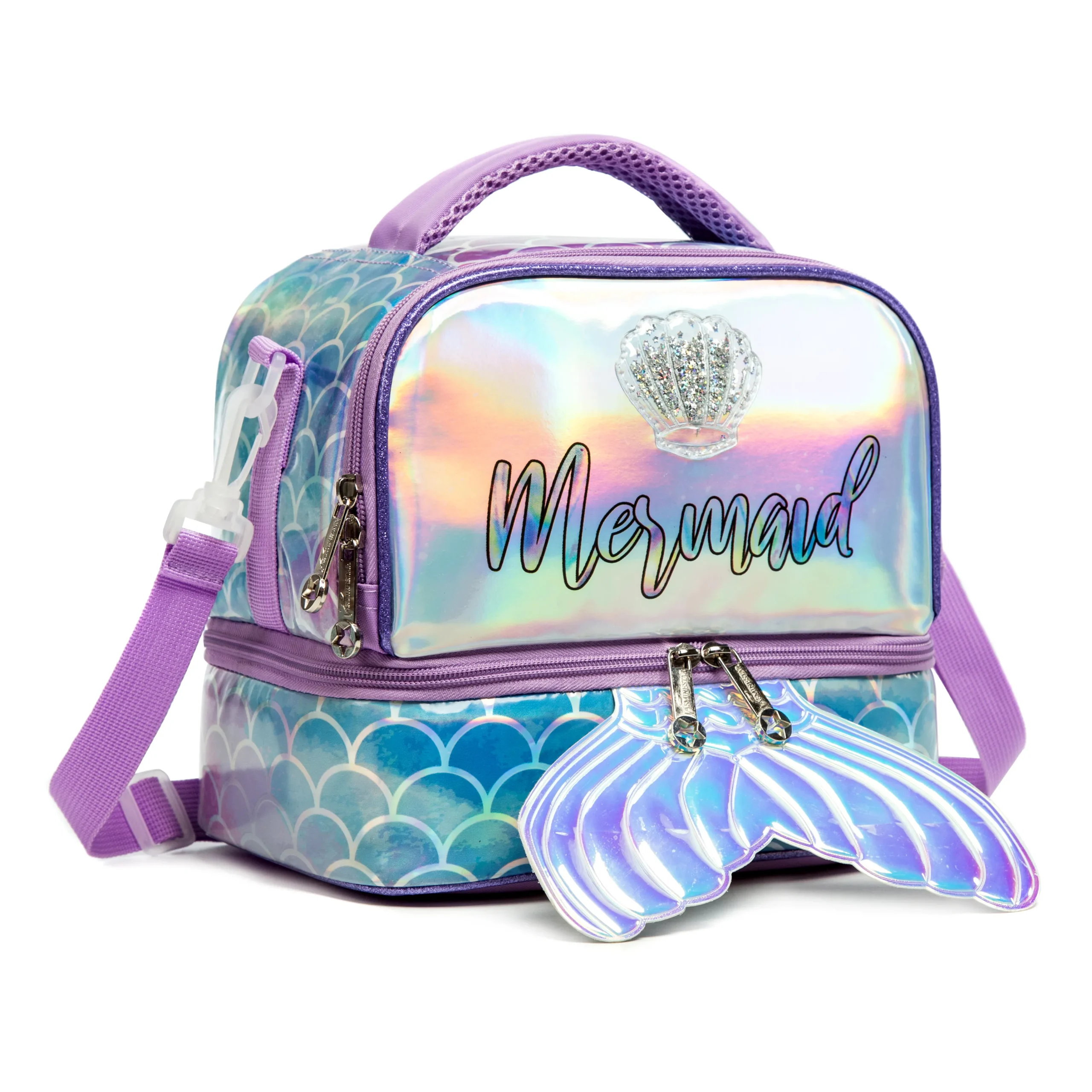 Slanted view of a pastel purple mermaid lunch bag featuring a holographic front panel, a clear seashell charm, and a large mermaid tail zipper pull. Functional luxury cooler by a Backpack Supplier.
