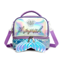 Front view of a pastel purple mermaid double-layer lunch bag featuring a holographic panel, an acrylic seashell charm, and a large mermaid tail zipper pull. Versatile insulated lunch box by a Custom Backpack Manufacturer.