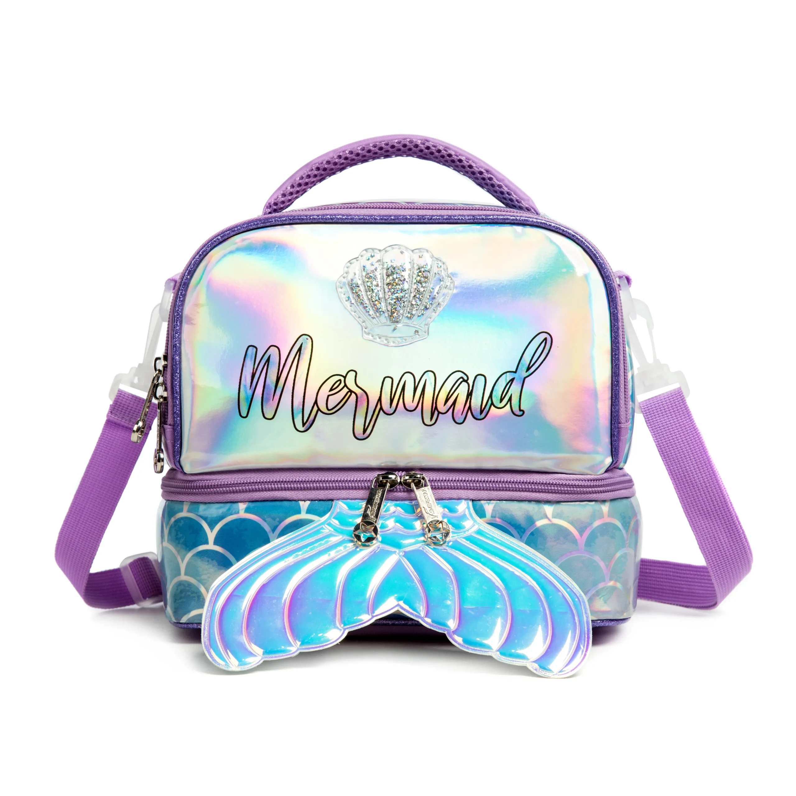 Front view of a pastel purple mermaid double-layer lunch bag featuring a holographic panel, an acrylic seashell charm, and a large mermaid tail zipper pull. Versatile insulated lunch box by a Custom Backpack Manufacturer.