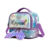 3D angled view of a pastel purple mermaid double-decker lunch bag highlighting the holographic pattern, zippers, and side webbing strap attachment. Versatile daily cooler by a leading Backpack Supplier.