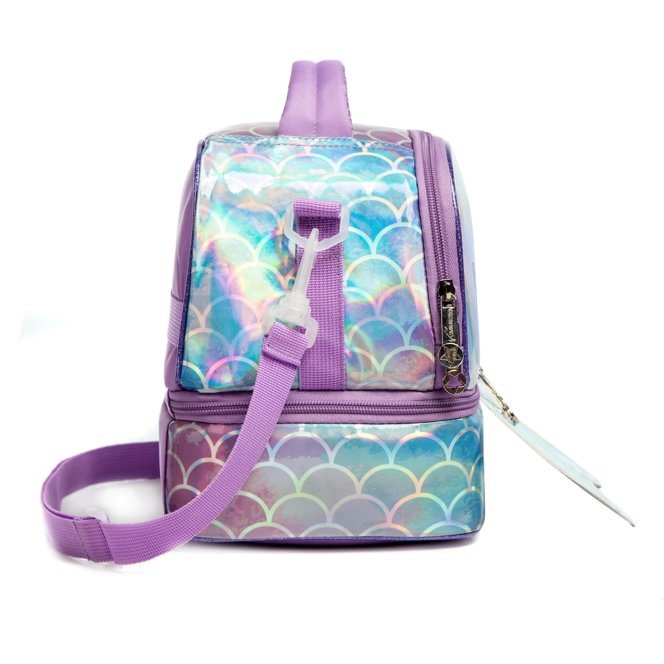 Side profile of a pastel purple mermaid double-decker lunch bag showing its structural depth, shimmering scale pattern, and an adjustable strap. High-density fabric bag by a Backpack OEM Supplier.