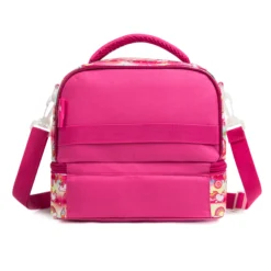 Back view of a pink unicorn-themed double-decker lunch bag with a solid pink back, a webbing strap, and a pink adjustable shoulder strap. Custom insulated lunch bag by a professional Backpack Manufacturer.