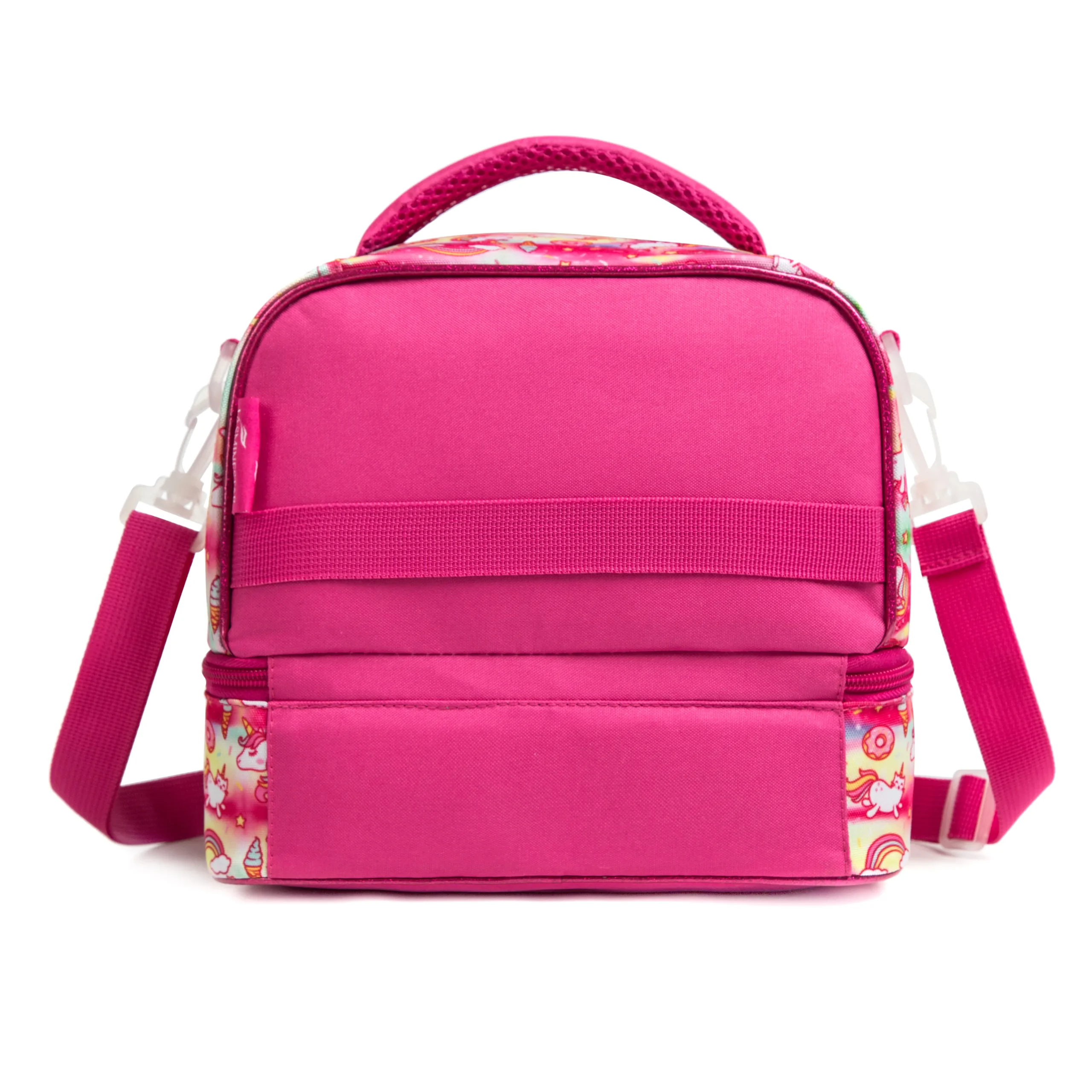 Back view of a pink unicorn-themed double-decker lunch bag with a solid pink back, a webbing strap, and a pink adjustable shoulder strap. Custom insulated lunch bag by a professional Backpack Manufacturer.
