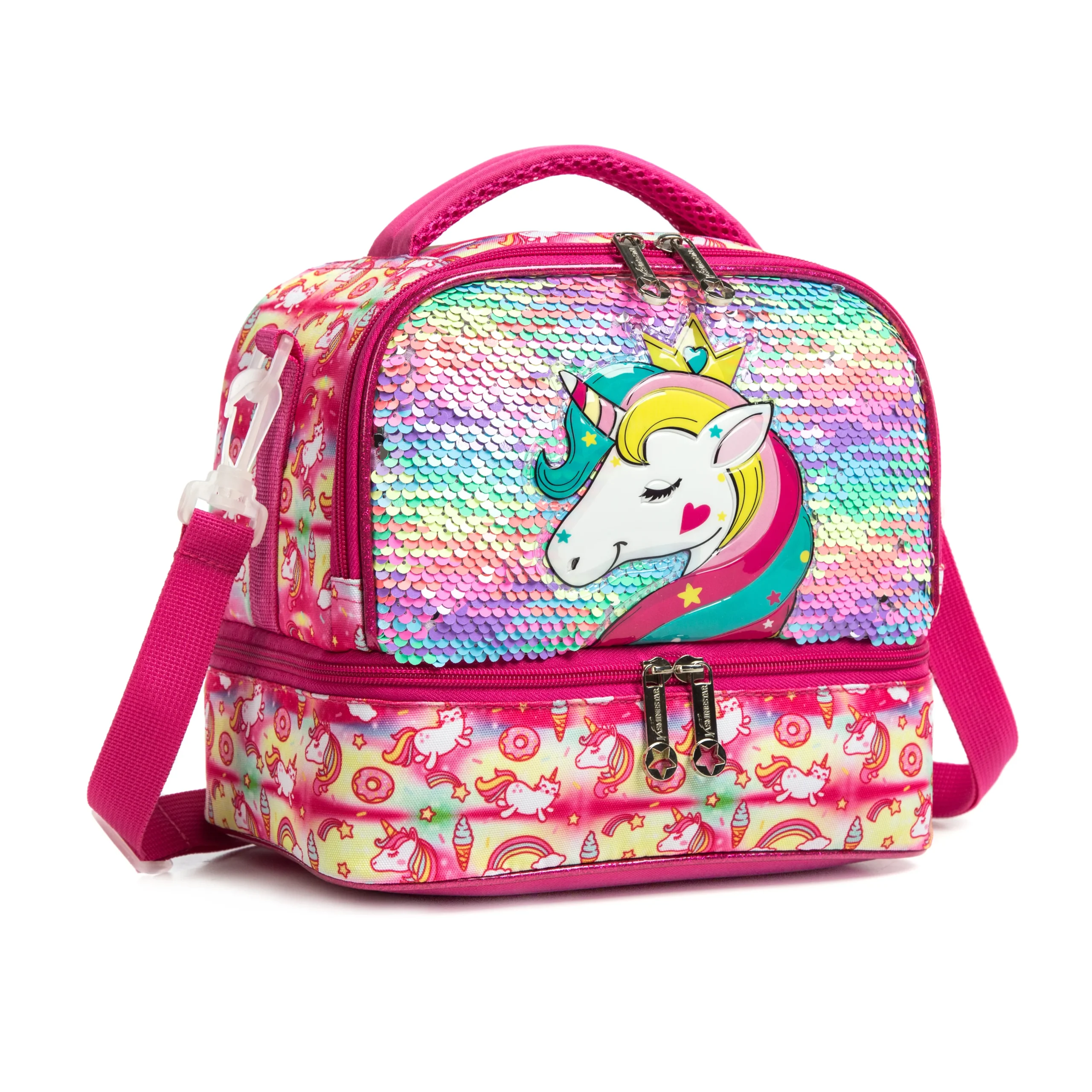 Slanted view of a pink unicorn lunch bag featuring a sequin top compartment, a unicorn applique, and a separate bottom zipper compartment. Functional school cooler by a Backpack Supplier.