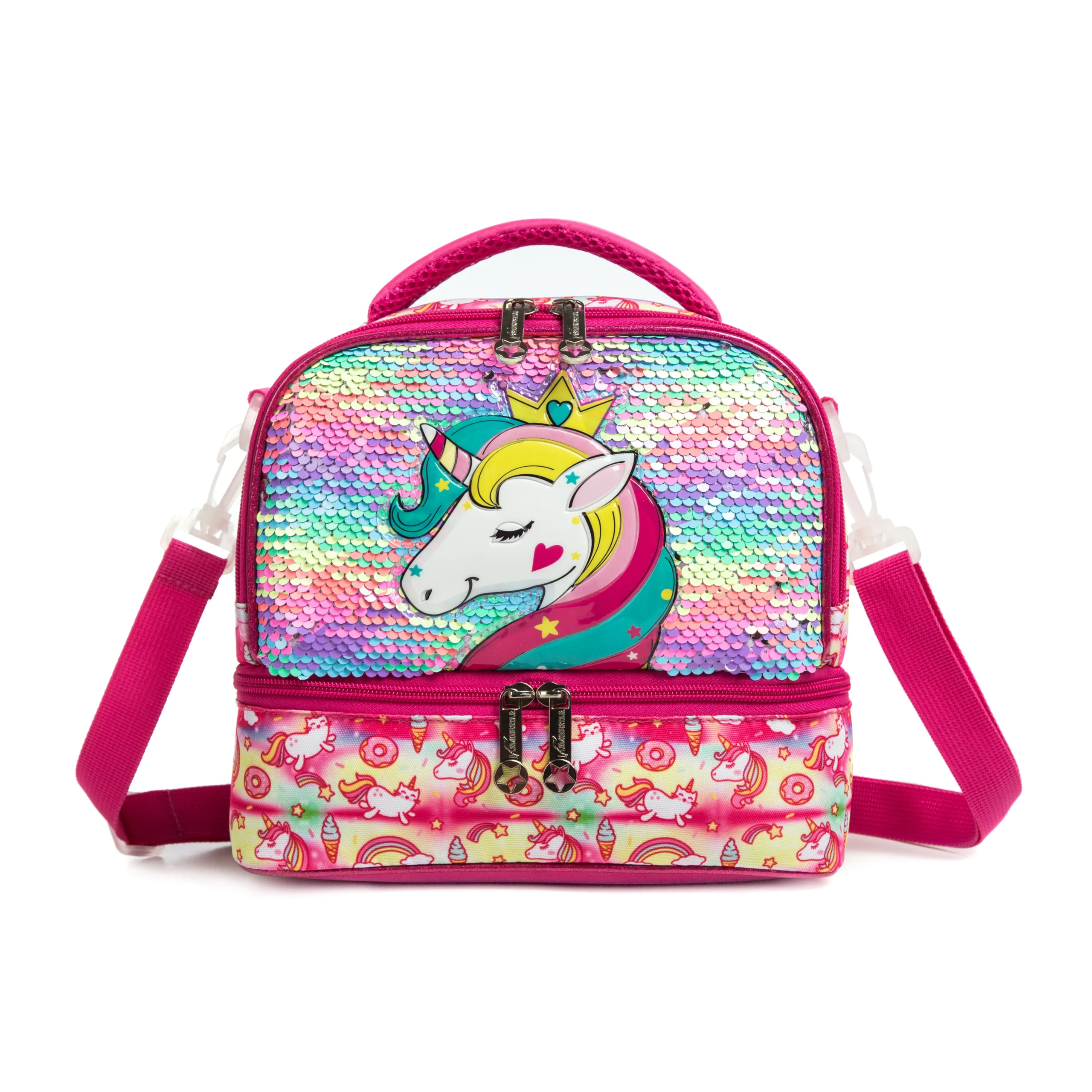 Front view of a pink unicorn double-layer lunch bag featuring a sequin pocket with a 3D unicorn patch and a separate bottom zipper section. Versatile insulated lunch box by a Custom Backpack Manufacturer.