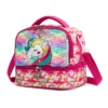 3D angled view of a pink unicorn double-decker lunch bag highlighting the sequin layer, zippers, and side webbing strap attachment. Versatile daily cooler by a leading Backpack Supplier.