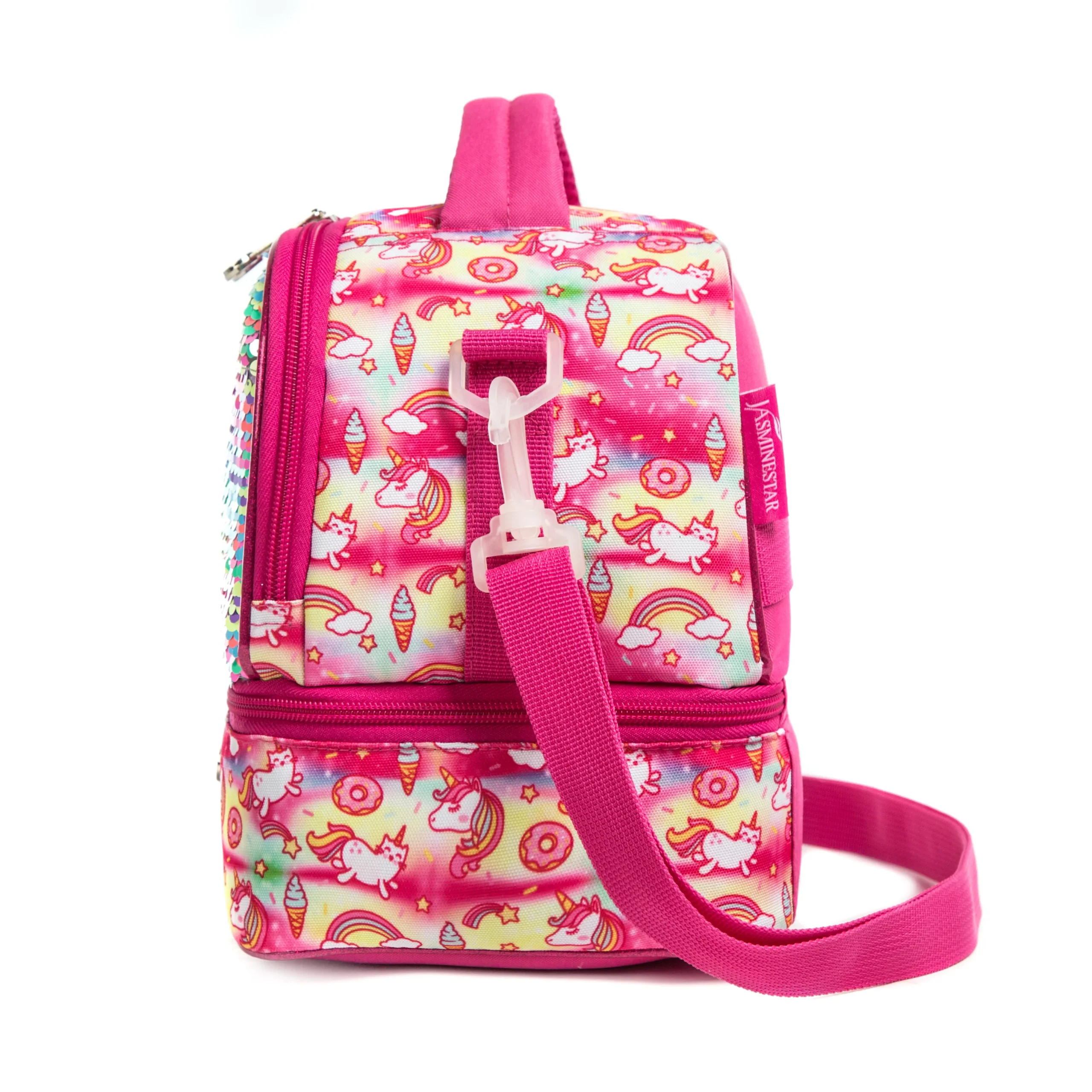 Side view of a pink unicorn lunch bag showing the deep bottom compartment, white strap swivel clip, and vibrant rainbow pattern. Functional luxury cooler by a Backpack Manufacturer.