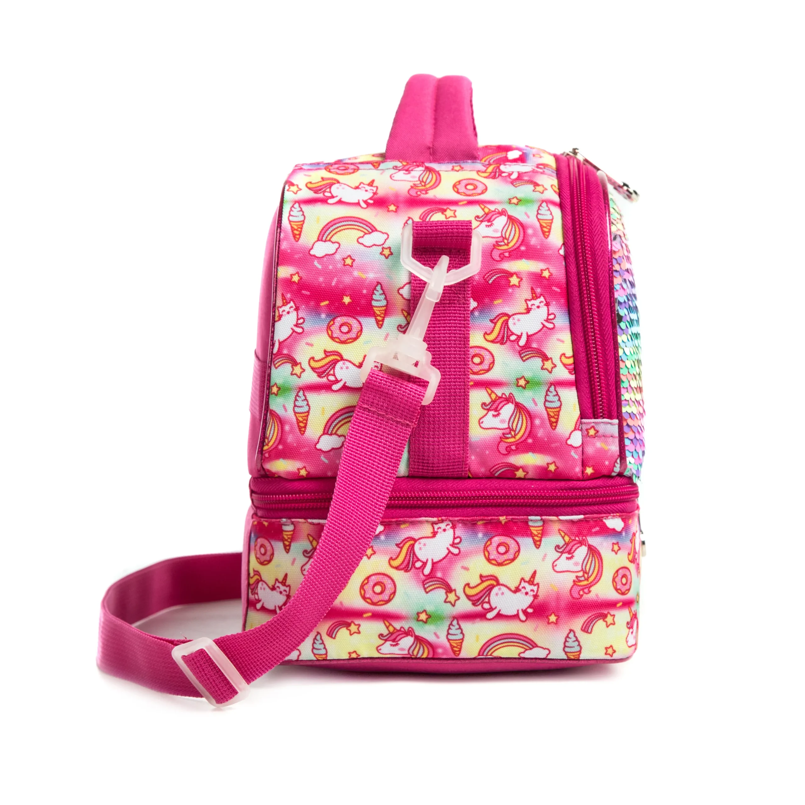 Side profile of a pink unicorn double-decker lunch bag showing its structural depth, vibrant donut and unicorn pattern, and an adjustable strap. High-density fabric bag by a Backpack OEM Supplier.