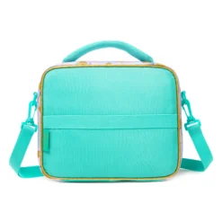 Back view of a mint green and mermaid-scale pattern lunch bag with a matching green strap and horizontal detail. Custom mermaid-inspired insulated lunch bag by a professional Backpack Manufacturer.