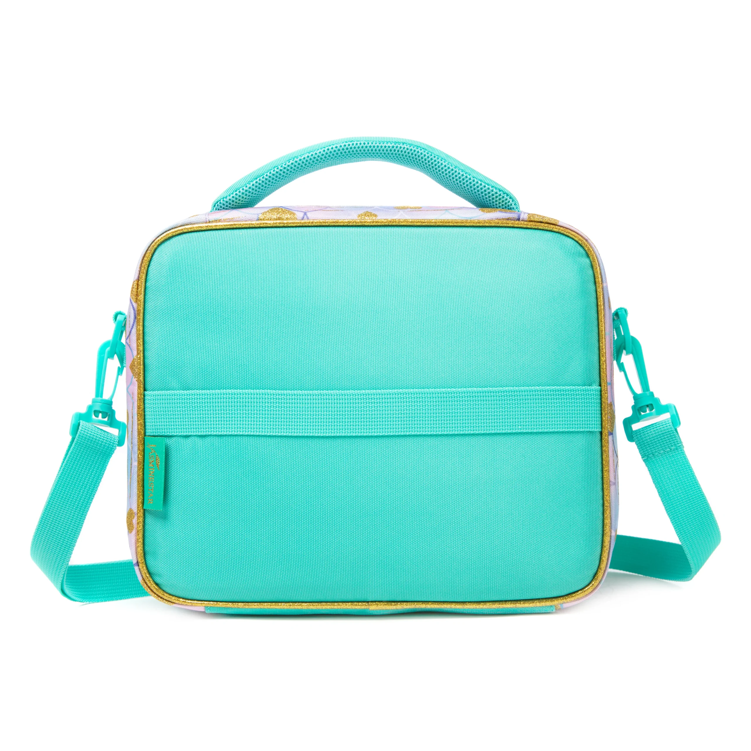Back view of a mint green and mermaid-scale pattern lunch bag with a matching green strap and horizontal detail. Custom mermaid-inspired insulated lunch bag by a professional Backpack Manufacturer.
