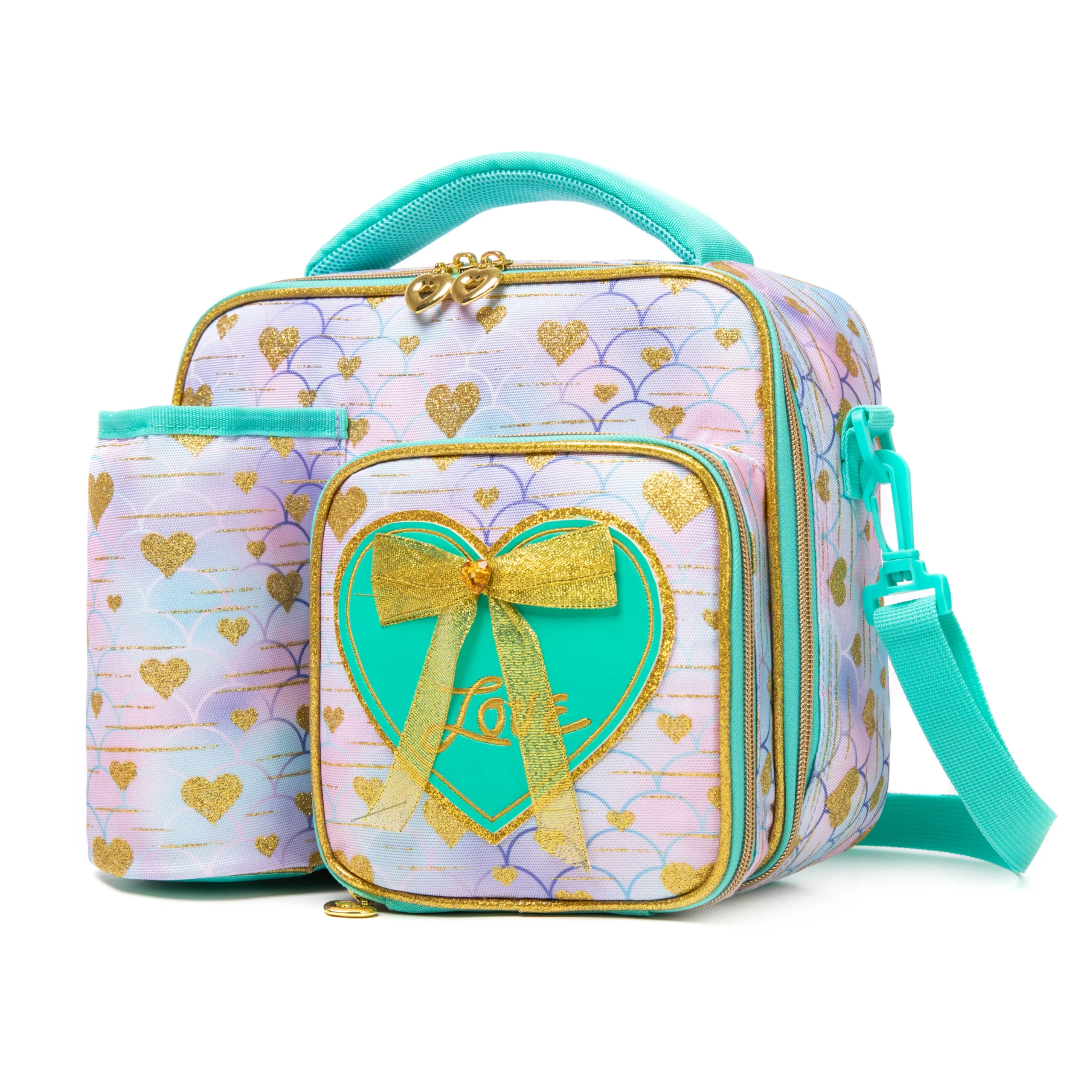 Slanted view of a mermaid-scale lunch bag with a matching detachable bottle holder, heart-shaped zipper pulls, and a 3D green bow patch. Functional luxury cooler by a Backpack Supplier.