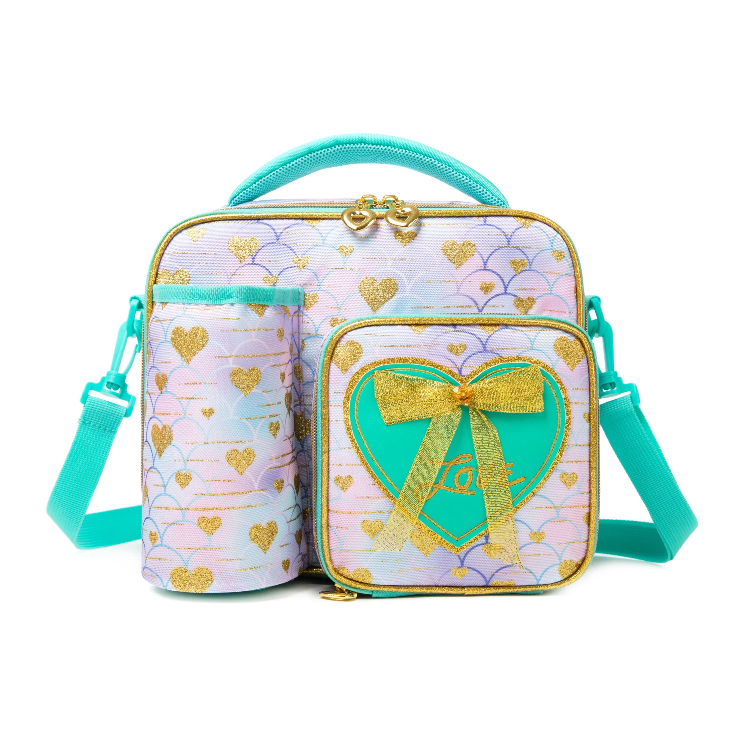 Front view of a pastel mermaid-scale lunch bag with gold hearts, a 3D mint green bow patch, and an attached bottle holder. Versatile insulated lunch box by a Custom Backpack Manufacturer.