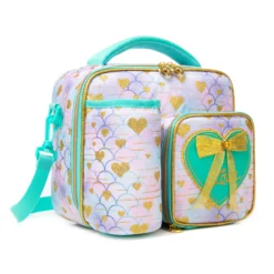 3D angled view of a mermaid-scale lunch bag highlighting the attached green sleeve, gold zippers, and the side strap attachment. Versatile daily cooler by a leading Backpack Supplier.